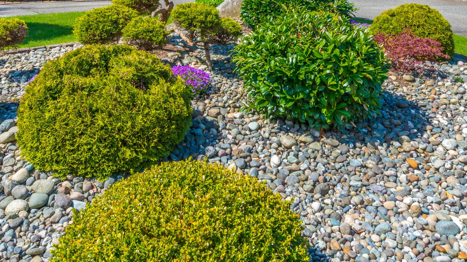 A beautiful landscape bed of shrubs and rocks in La Vista, NE.